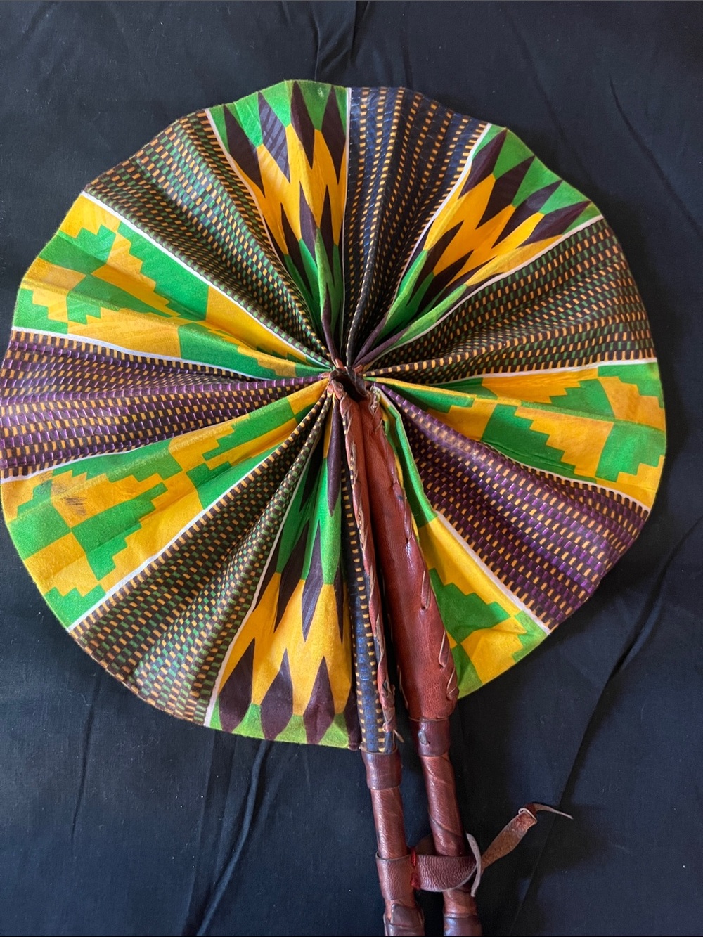 Colorful African Print Hand Fan - Green Yellow Purple